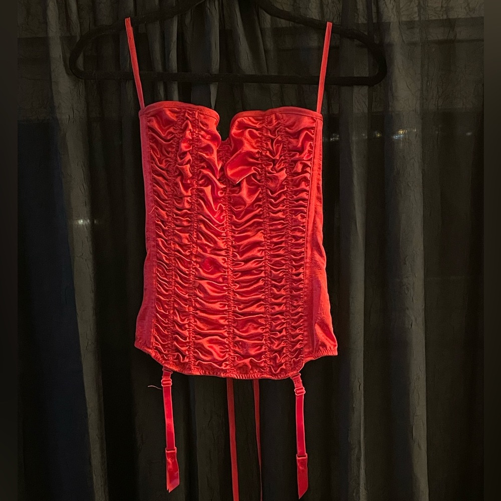 Frederick's of Hollywood Red Ruched Satin Bustier with Garter Straps